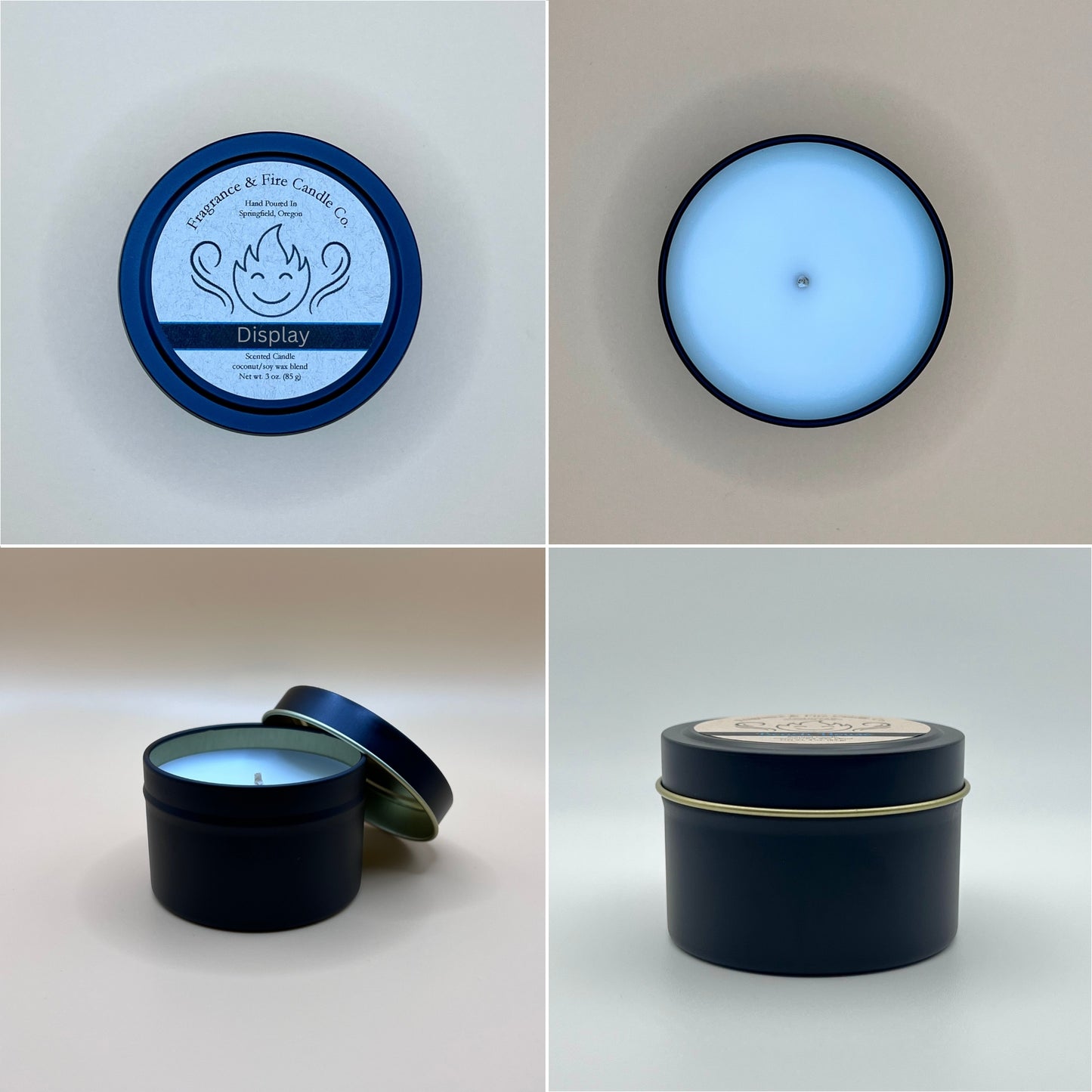 Collage of four product photos of 3 ounce, black tin candles from Fragrance & Fire Candle Co. Top left: Top-down view of the tin with a white label reading "Display" and brand information, including "Hand Poured in Springfield, Oregon." Top right: Close-up top-down view of the light blue wax inside the tin. Bottom left: Angled view of the open tin with the lid resting beside it. Bottom right: Straight-on side view of the closed tin with a gold rim.