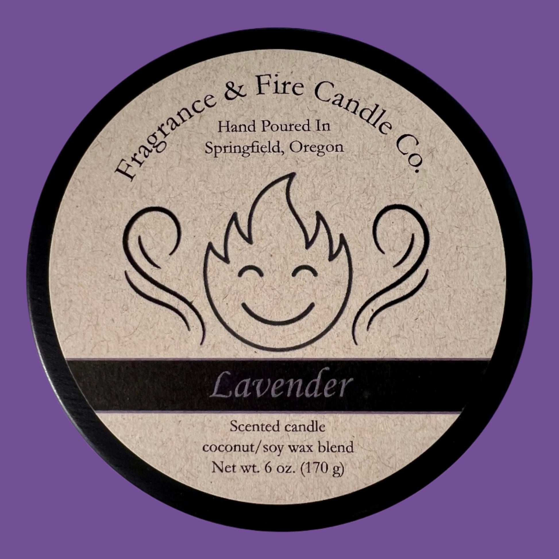 Vibrant purple colored background with round candle top and brown label. Name of the candle on the label is Lavender.