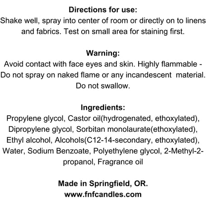 Fragrance & Fire Room and Linen Spray label containing directions for use, warning, and ingredients.
